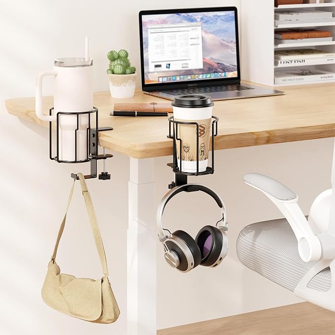 Large Desk Cup Holder, 2-in-1 Clip On Cup Holder with Headphone Hook, Heavy-Duty Metal Drink Holder for Insulated Tumblers, Big Water Bottles, Fits Office Desk Organizer, Dorm, Gaming Setup (2 Pack)