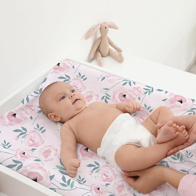 Gllquen Baby Bassinet Sheets Set 2-Pack, Breathable Cozy Bassinet Fitted Sheet Universal Fit Standard Mattress Oval Rectangle Cradle Baby Sheets for Baby Boy Girls Unisex 32"x16" (Pink Flower)