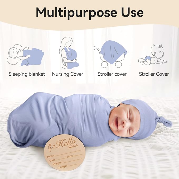Rayon Made from Bamboo Newborn Swaddle Blanket Set with Matching Beanie, Super Soft Stretchy Baby Clothes Outfit for Girl Boy, Receiving Blankets Newborn Essentials, 47 x 47 Inch