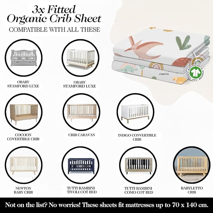100% Organic Cotton Crib Sheets (3-Pack) - GOTS Certified - Breathable Organic Crib Sheets - Double-Elastic for Secure Fit, Extra Protection for Your Baby - Gender-Neutral Sheet (28"x55")/ 140 x 70cm