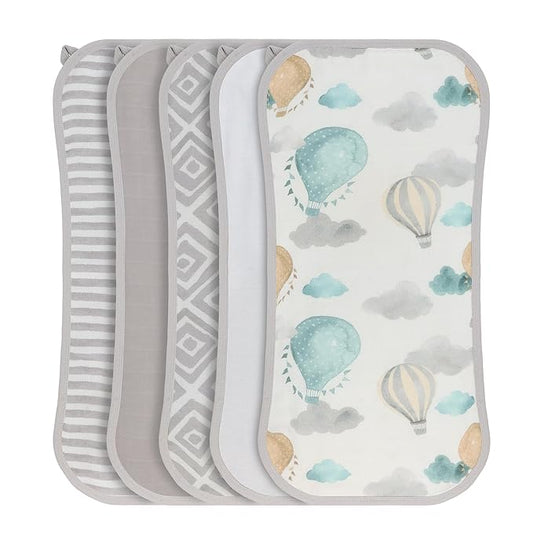 Featherhead 5 Pack Muslin Baby Burp Cloths for Boys & Girls, 22" X 11", Premium Cotton Muslin and Terry Spit up Rags, Super Soft and Absorbent (Green Hot Air Balloons)
