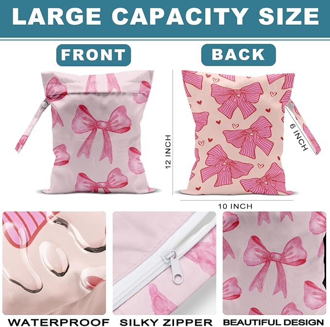 2Pcs Bow Tie Wet Bag for Vacation Essentials, Waterproof Reusable Wet Dry Bags, Heart Washable Travel Laundry Bags for Beach Diapers Dirty Yoga Gym Clothes, Pink Gifts for Women Friend, 12x10 Inch