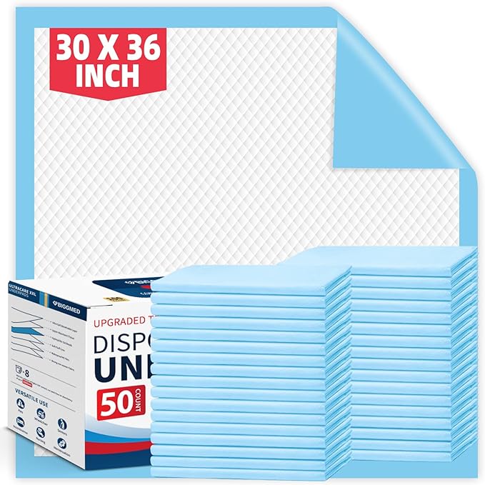 BIGGMED Tear-Resistant Disposable Bed Pads 30" x 36" 50 Count Absorbent Underpads, Chux Thicker Extra Large Incontinence Bed Pads, Pee Pads for Adults, Kids, Elderly, Pets