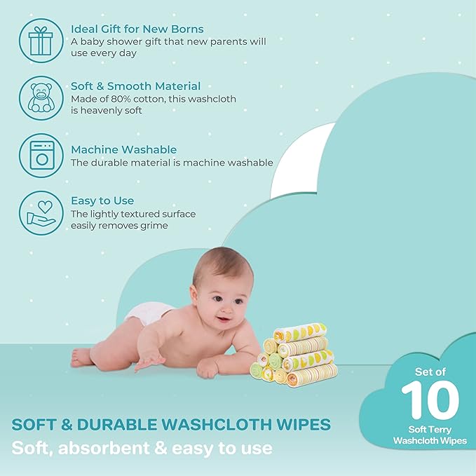 Spasilk Washcloth Wipes Set for Newborn Boys and Girls, Soft Terry Washcloth Set, Pack of 10, Yellow Dots
