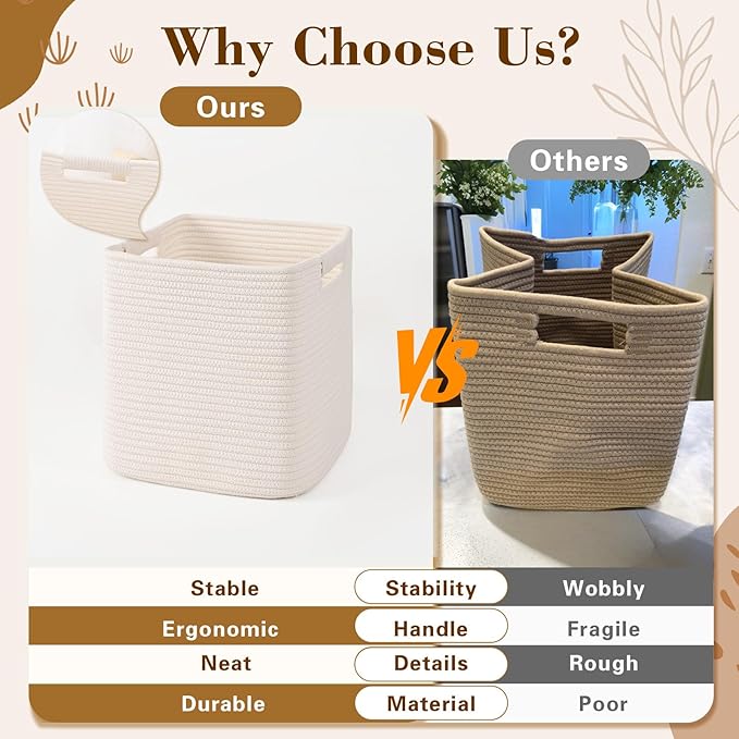 13 Inch Storage Cubes, 3 Pack Cube Storage Bins for Organizing, Cotton Rope Woven Baskets for Shelves, Bathroom, Kids Room, Closets, Baby Nursery