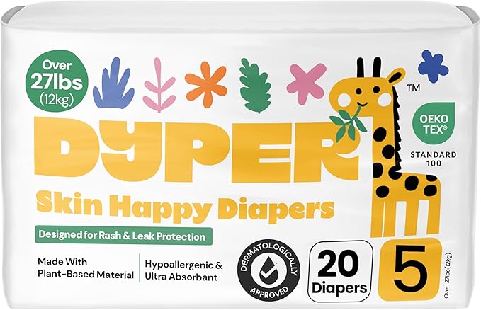DYPER Baby Diapers Size 5 (20 Count) – Plant-Based, Hypoallergenic, Fragrance-Free & Ultra Absorbent Disposable Diapers for Day and Overnight Skin Protection, Single Pack Size 5 Diapers