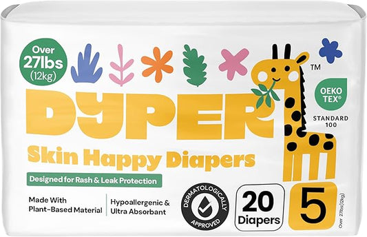 DYPER Baby Diapers Size 5 (20 Count) – Plant-Based, Hypoallergenic, Fragrance-Free & Ultra Absorbent Disposable Diapers for Day and Overnight Skin Protection, Single Pack Size 5 Diapers