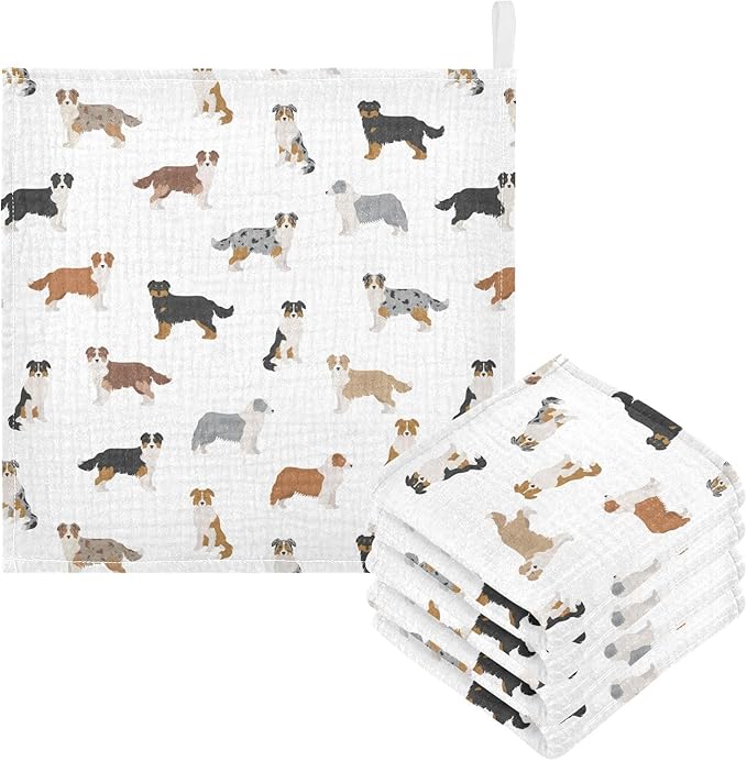 vvfelixl Baby Cotton Washcloths Australian Shepherd Dog Infants Bath Towel for Unisex Face Towels for Newborn, Natural Baby Wipes Delicate Skin, 11.8 X 11.8 inch, one sizex5