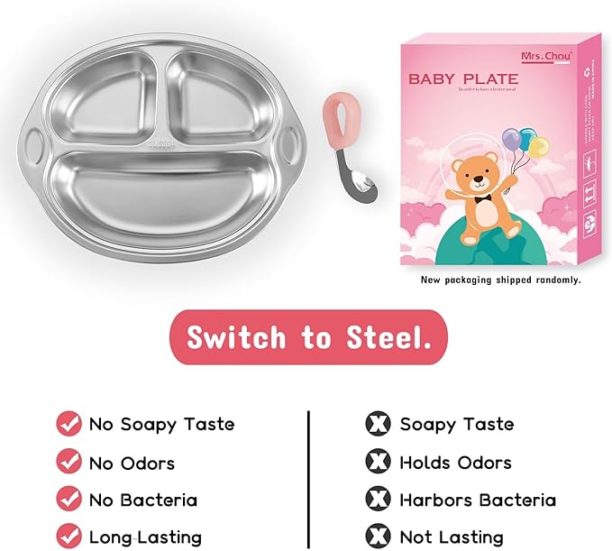 Mrs. Chou Stainless Steel Baby Suction Plates: Divided Plates for Babies and Toddlers, Made of 100% Food-Grade Materials Ideal for Baby-Led Weaning BPA-Free Toddler Feeding Dishwasher Safe PINK