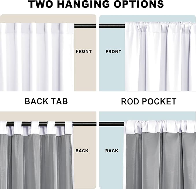 XWZO 100% Blackout Curtain Panels - Rod Pocket & Back Tab Thermal Insulated Black Liner Curtains, Noise Reducing and Heat Blocking Drapes for Hall and Studio with Tiebacks, White, W52 x L95, Set of 2