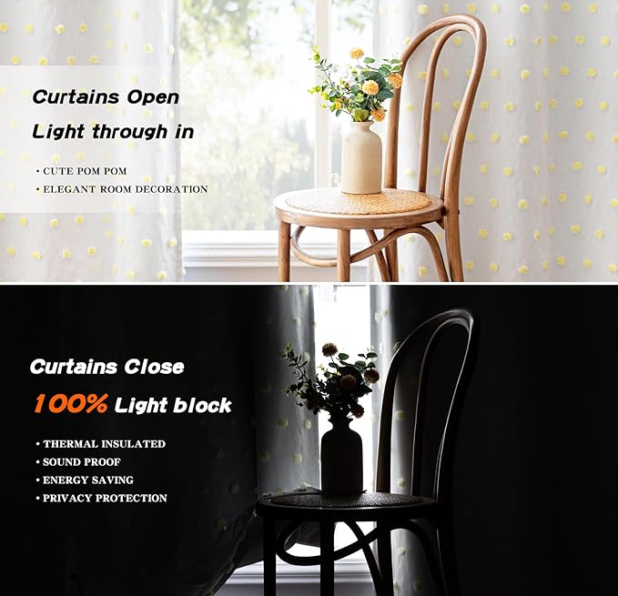 MYSKY HOME 100% Blackout Curtains for Nursery Thermal Insulated Yellow Pom Pom Curtains 63 Inch Length for Girls Bedroom 2 Panels Grommet White Sheer Curtains for Dining Room, 52W x 63L
