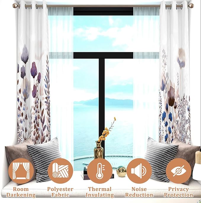 Renaiss Wild Flowers Blackout Curtains, Pastel Botanical Floral Print Thermal Insulated Bedroom Window Curtains, Nature Plants Window Curtains for Kitchen, 55" L x 29" W 2 Panel Set