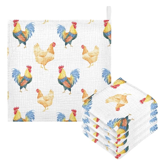 Baby Washcloths Cotton Chickens Rooster Baby Muslin Washcloths Soft Baby Face Towel for Newborn Infants Baby Wipes, 11.8 X 11.8 Inch, 5 Pack White