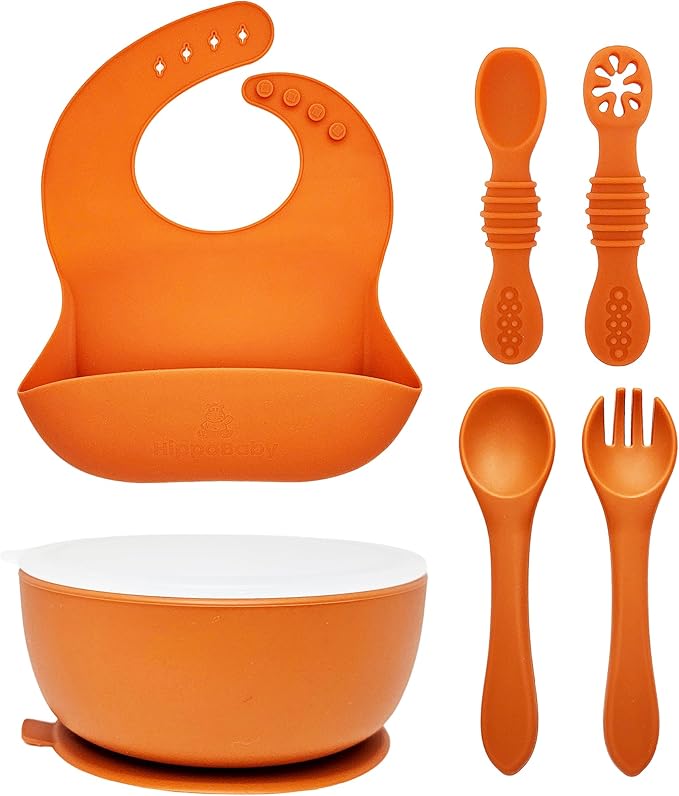 HippoBaby 6 Piece Baby Bowls With Suction and Lids | Toddler Bowl Set with 1 Bowl, 1 Bib, 2 Baby Spoons, 1 Large Spoon, 1 Large Fork, Baby Feeding Essentials (1, Autumn)