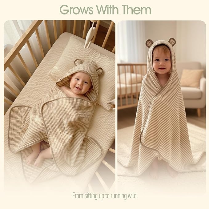 Ultra-Soft Muslin Toddler Hooded Towel – 55 x 28 Inches, Made with Organic Cotton, Gender-Neutral Warm Brown Striped Jacquard Pattern, Ideal for Bath & Beach, Newborn to Toddler