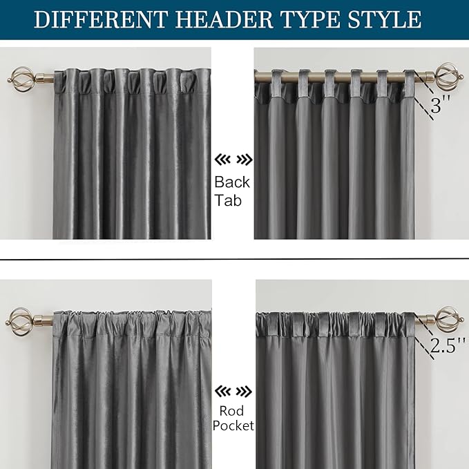 PRIMROSE Dark Grey Velvet Curtains 108 inch Long for Living Room,Set of 2 Panels Blackout Rod Pocket Back Tab Window Treatment Room Darkening Heavy Decorative Curtains Drapes for Bedroom