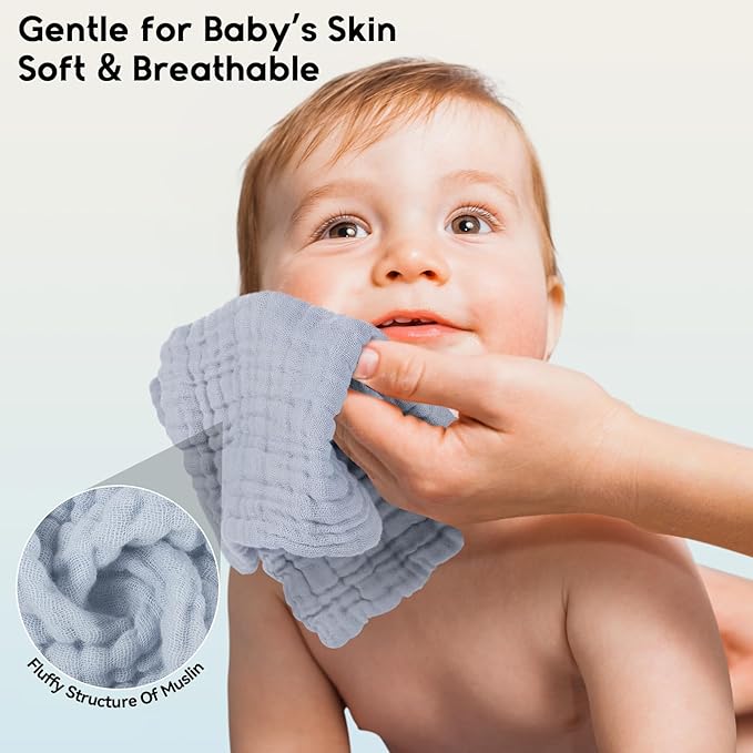 Unnivoll Muslin Baby Washcloths 6 Pack, 100% Cotton Wash Cloths for Babies, Large 12''X12'' Burp Cloths Absorbent and Soft for Newborn Infants Kids Boys Girls - Gradient Blue