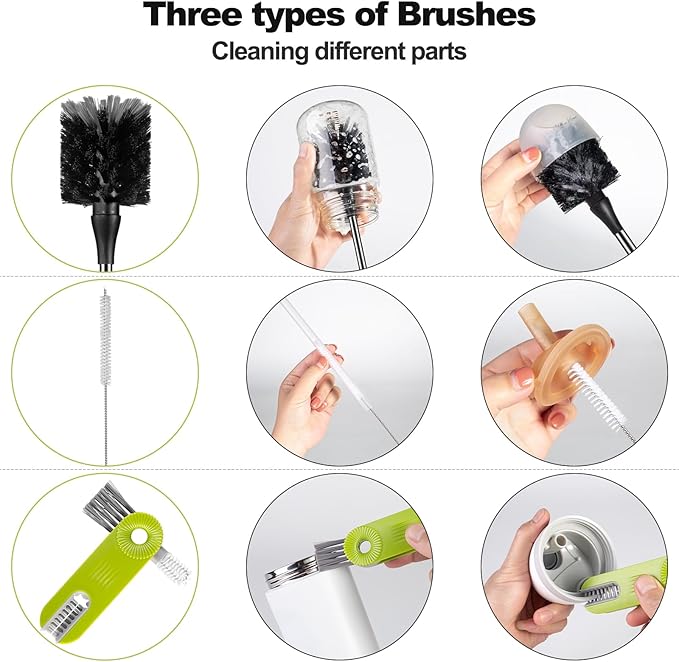 [3 Pack] Bottle Brush, 15 Inches Stainless Steel Long Handle Baby Bottle Scrub Cleaning Brushes with Straw & Lid Brushes for Sports Water Bottle, Cups, Coffee Mugs, Glasswares