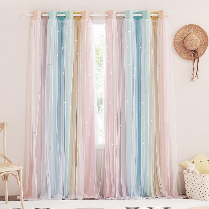 NICETOWN Kids Room Decor Curtains for Girls Nursery, Star Cut Princess Room Design Curtains with Versatile Styling Options for Backdrops (Pink & Yellow & Green & Pink, Each is W52 x L84, Sold by 2)
