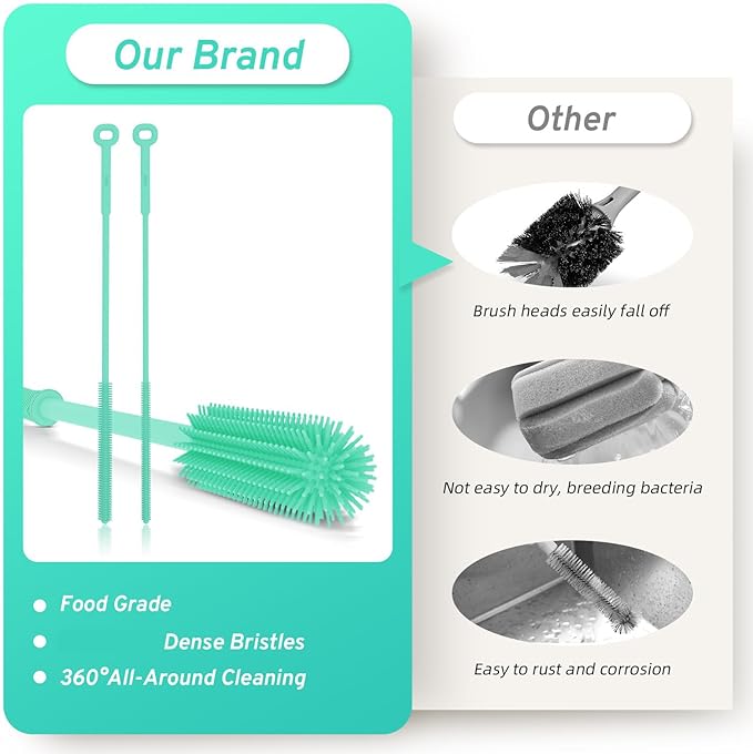 WQSS AOEIU Silicone Bottle Brush with 2 Straw Cleaner Brushes,Bottle Brush Set for Cleaning Bottles,Jars,Tumblers,Thermoses,Baby Bottle,Water Bottle,Dish,Easy to Use and Dry,Heat Resistant Sturdy
