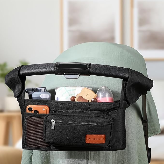 Stroller Organizer with Cup Holder Detachable Wristlet Large Capacity Baby Stroller Bag for Mom, Fits Uppababy, Baby Jogger, Britax, BOB, More (Black)