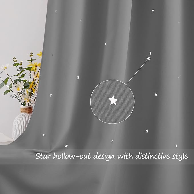 NICETOWN Silver Grey Star Blackout Curtains for Kid's Bedroom, Grommet Thermal Insulated Room Darkening Short Curtains for Living Room, 2 Panels, 42" Wide x 63" Long