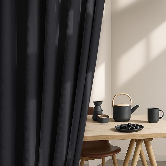 FMFUNCTEX 100% Blackout Curtains for Bedroom, Black Curtains 72 Inch Length Textured Thermal Insulated Curtains for Living Room Drapes, Black Out Drapery Grommet Room Darkening 2 Panels