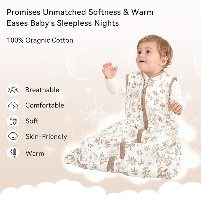 Unnivoll Baby Sleep Sack 6-12 Months 3 Pack 100% Cotton Lightweight 0.5 TOG Wearable Blanket Baby Sleep Bag with 2-Way Zipper for Newborn Infant Beige