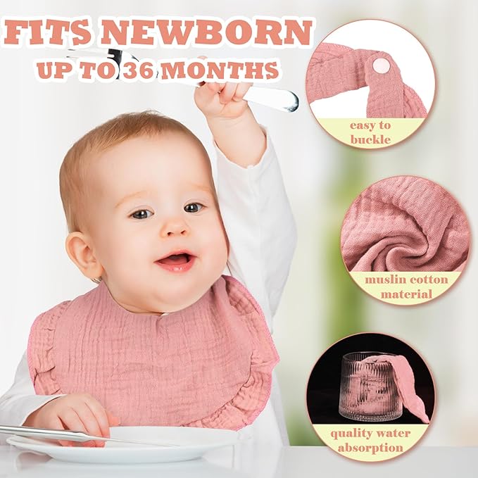 Seematn 10 Pcs Baby Muslin Bibs for Unisex Girls & Boys Drool Bibs Bandana Ruffle Soft Cotton for Newborn Infants Toddlers(Pink, White)