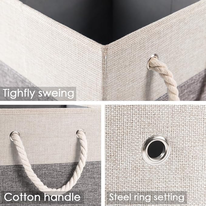 PRANDOM Large Foldable Cube Storage Bins 13x13 inch [2-Pack] Fabric Linen Storage Baskets Cubes Drawer with Cotton Handles Organizer for Shelves Nursery Closet Bedroom White and Grey
