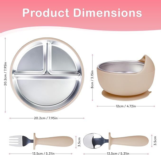 MOMERA Stainless Steel Baby Plate & Bowl Set with Suction | Divided Toddler Feeding Set | Durable, BPA-Free, Easy to Clean | Baby Tableware for Self-Feeding