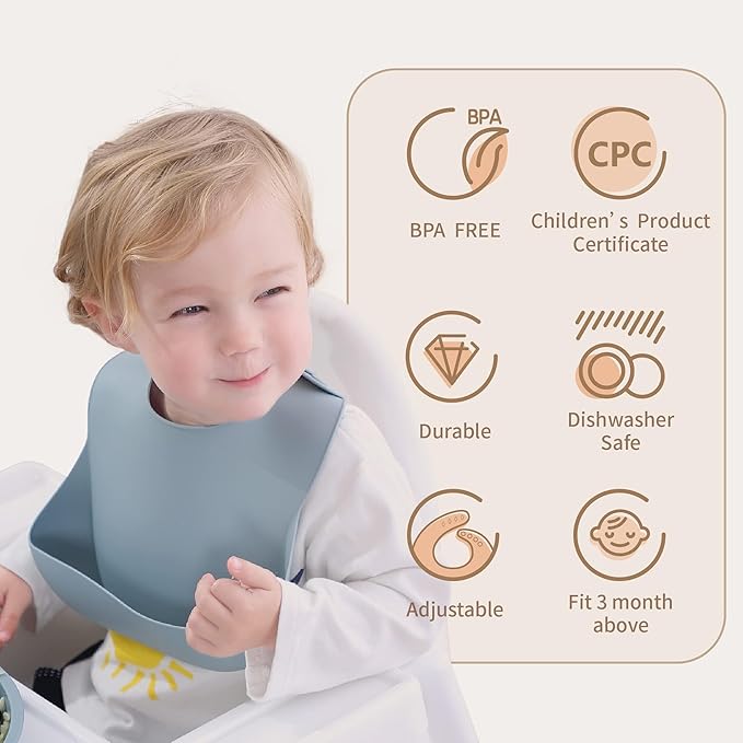 Moonkie Silicone Baby Bibs Set of 3, BPA Free Waterproof Baby Bibs for Eating, Adjustable Silicone Bibs for Babies 6-12 Months, Toddler Bibs with Pocket Food Catcher (Pink/Pastel Yellow/Soft Pink)