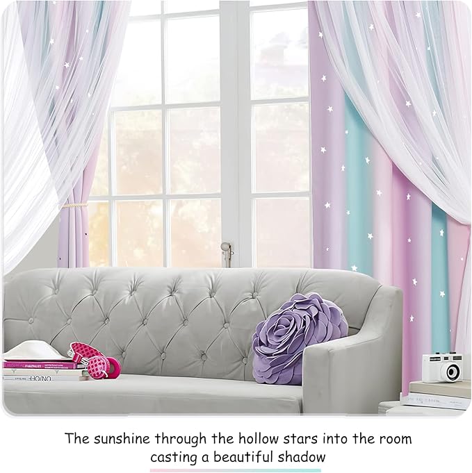 NICETOWN Girls Curtains 84 inches Long for Bedroom, Kids Star Cutout Rainbow Room Darkening Ombre Stripe Curtains for Baby Nursery/Sliding Glass Door, 1 PC, Blue & Purple & Pink, 70" W