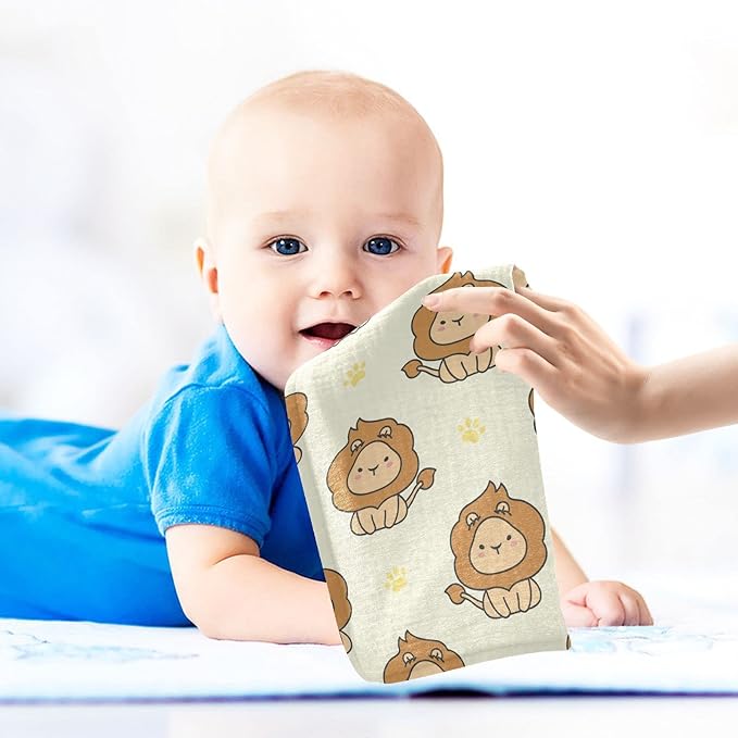 vvfelixl Baby Washcloths Cotton Cute Lion Baby Muslin Washcloths Soft Baby Face Towel for Newborn Infants Baby Wipes, 11.8 X 11.8 Inch, 3 Pack Yellow