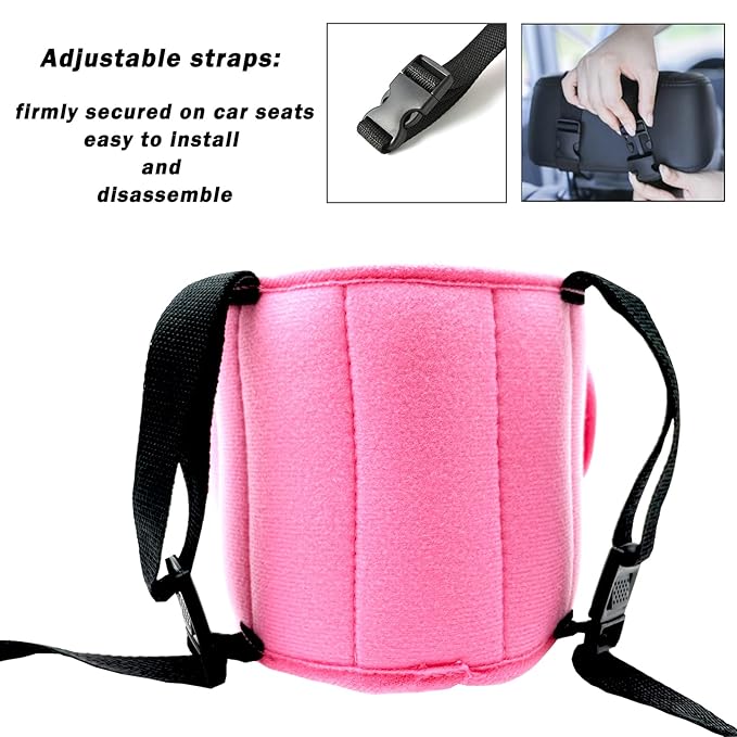 Child Car Seat Head Support Band - Baby Head Neck Relief Safety Headrest - Adjustable Toddler Carseat Head Holder Head Strap - Baby & Kids Travel Accessories with Cute Cartton Pattern, Pink