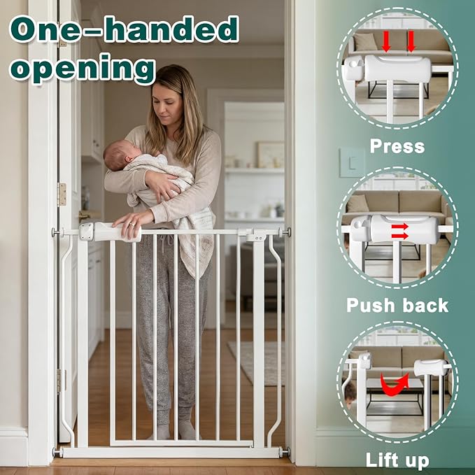 TSAYAWA Extra Wide Walk Through Baby Gate with Door,67-71.5 Inch Wide Presure Mounted No Drill Metal Auto Close Child Gate for Stair Doorway - Indoor Outdoor Safty Gate for Toddler Dog Doggie, White