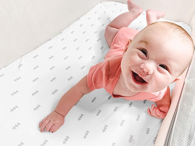 BaeBae Goods Premium Bassinet Fitted Sheet Set - 4 Pack 100% Jersey Knit - Grey and White - Chevron Pattern - Standard Size Oval or Halo Bassinet Pads
