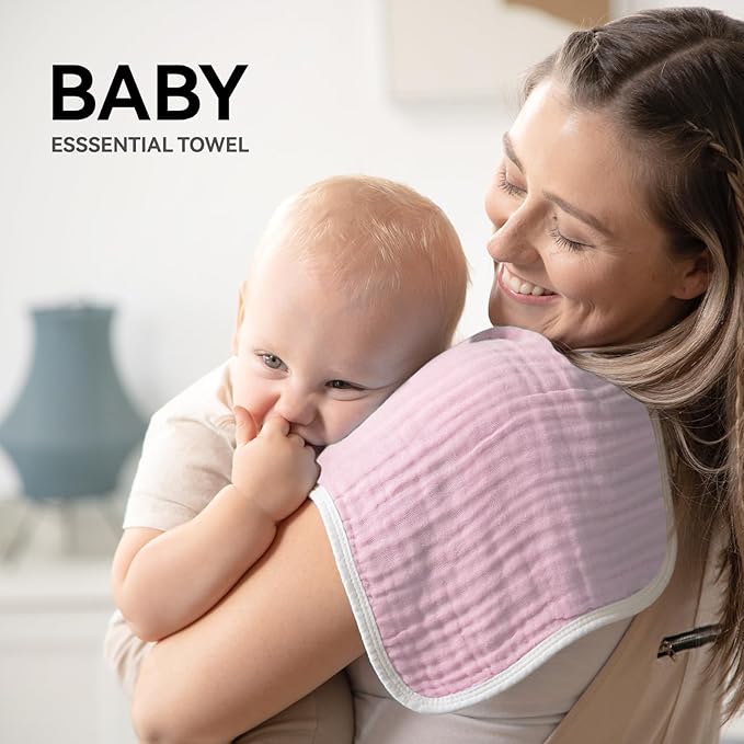 Synrroe Burp Cloths Large, Muslin Burp Cloths for Baby Girls and Boys, Pack of 4 Extra Absorbent and Soft Muslin, 6 Layers 20 by 10 Inches 100% Cotton (Pink-White 4 Pack)