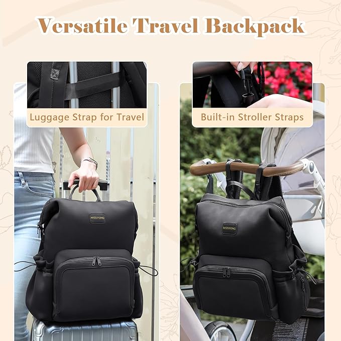 miss fong Diaper Bag Backpack - Baby Diaper Bag Neoprene Bag Large Capacity Neoprene Backpack with Diaper Changing Pad Pañaleras Para Bebe Baby Backpack with 12 Pockets for Mom & Dad -Black