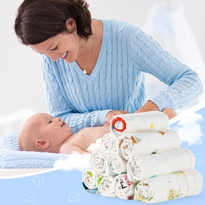 Chumia 20 Pack Baby Muslin Burp Cloths Baby Wash Cloths with Sensitive Skin 6 Layer Cotton Face Towels Bath Towel Absorbent for Toddler Kids Shower，10 x 10 Inch