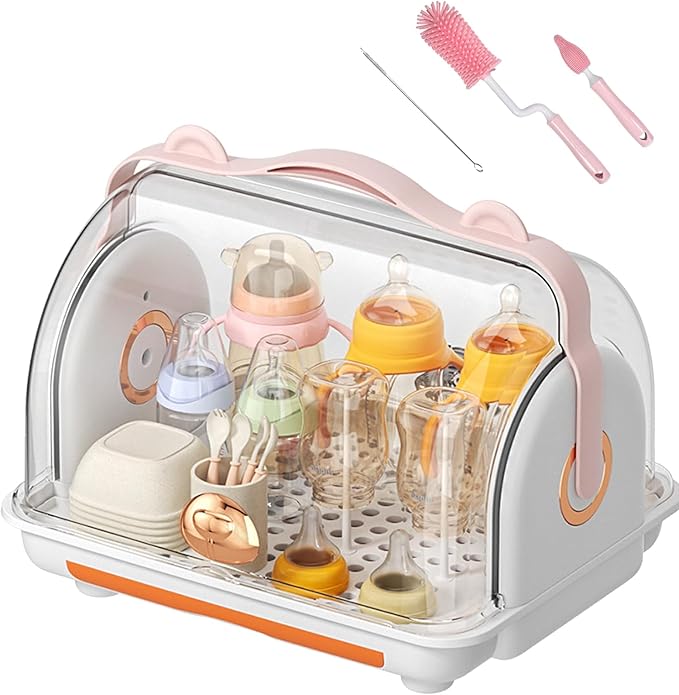 Nollapo Baby Bottle Drying Rack Storage with 3 Brush, Nursing Bottle Storage Box Organizer with Cover, Portable Kitchen Cabinet Organizer, Durable countertop Dryer (Orange)