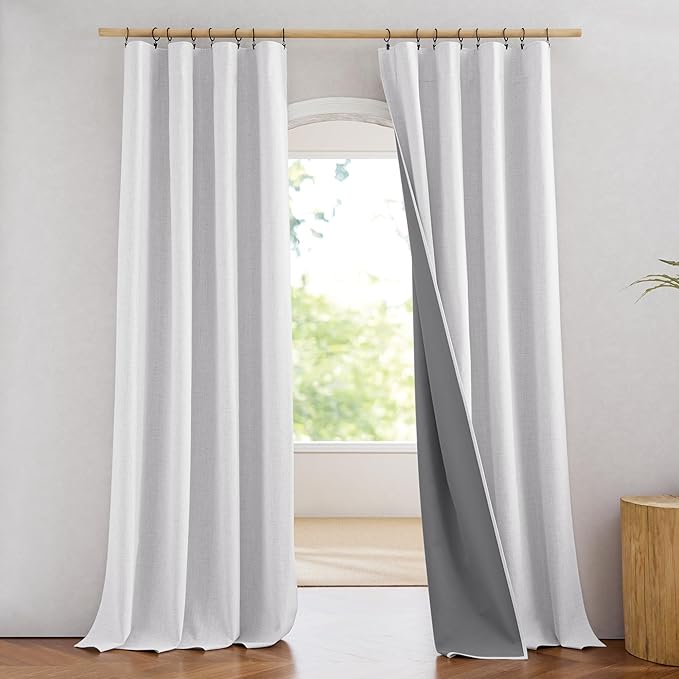 NICETOWN Full Blackout Linen Curtains 108" Length with Thermal Insulated Liners for Living Room, Farmhouse Style Keep Cool & Warm Large Window Drapes for Hall (Greyish White, 2 Panels, 52" Wide)