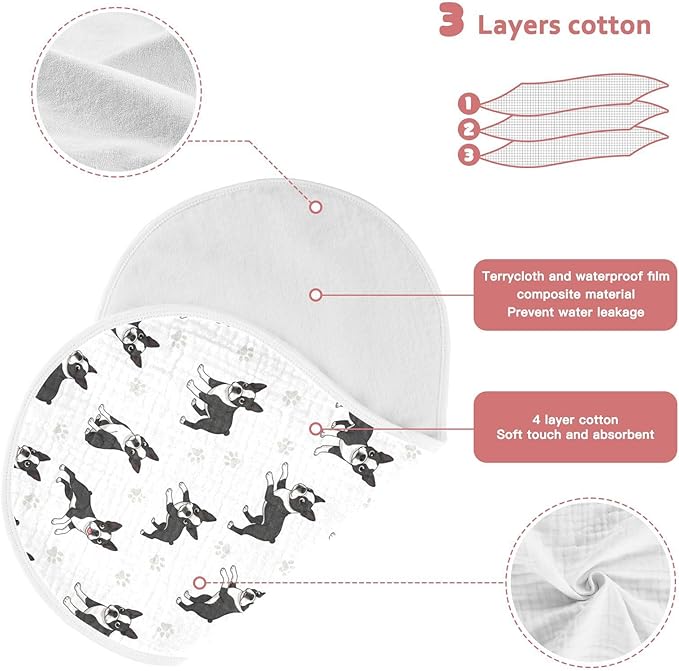 1 Pack Muslin Burp Cloths Boston Dogs Paw White Cotton Baby Burp Cloths Ultra Absorbent and Soft Spit Up Rags for Newborn Babies Boys Girls 22x11 Inch