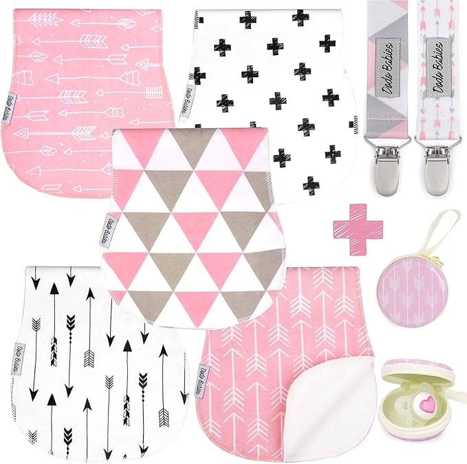 Dodo Babies Burp Cloths for Babies - Soft Cotton Front & Fleece Back - Contoured Fit for Newborn Essentials - Pack of 5, 2 Pacifier Clips, Pacifier Case, 19 x 9 in