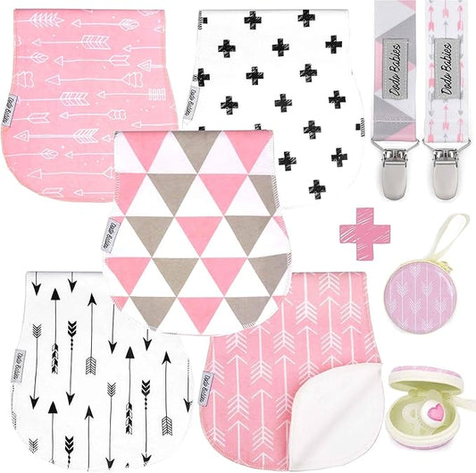 Dodo Babies Burp Cloths for Babies - Soft Cotton Front & Fleece Back - Contoured Fit for Newborn Essentials - Pack of 5, 2 Pacifier Clips, Pacifier Case, 19 x 9 in