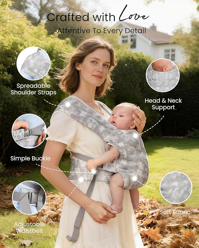 HEYVALUE Baby Carrier Newborn to Toddler(7-35lbs), Ergonomic Cross-Back Wraps with Adjustable Straps, Newborn Carrier with Effortless Put-On, Head Support for Hands-Free Comfort, TieDyeGray
