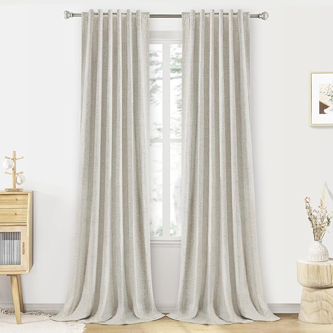 100% Blackout Linen Curtains 96 inch Length - 2 Panels Set Thermal Insulated Black Out Drapes for Living Room Bedroom Back Tab/Rod Pocket Room Darkening Window Curtain 8 FT