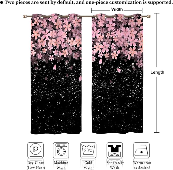Renaiss Pink Cherry Patels Blackout Curtains, Japanese Cherry Flowers Thermal Insulated Bedroom Window Curtains, Black Floral Bossom Window Drapes for Living Room, 108" L x 53" W 2 Panel Set