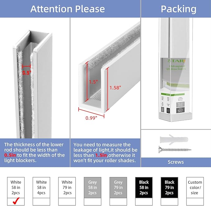 ZSTARR U Channel Aluminium Alloy Light Blocking Strips for Roller Blinds Light Gap Blockers Window Shades Side Rail Tracks Bedroom Sleep Nursery (White,58",2Pcs)