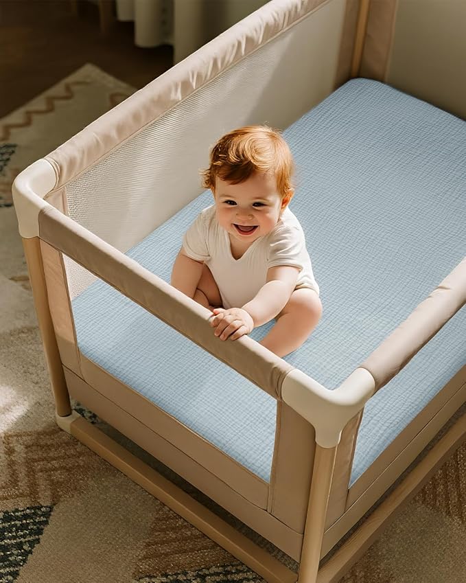 Muslin Pack and Play Sheets Fitted, 100% Cotton Mini Crib Sheets 2 Pack for Pack N Play Mattress, Stretchy Playard Sheet, Soft and Breathable Gradient Blue